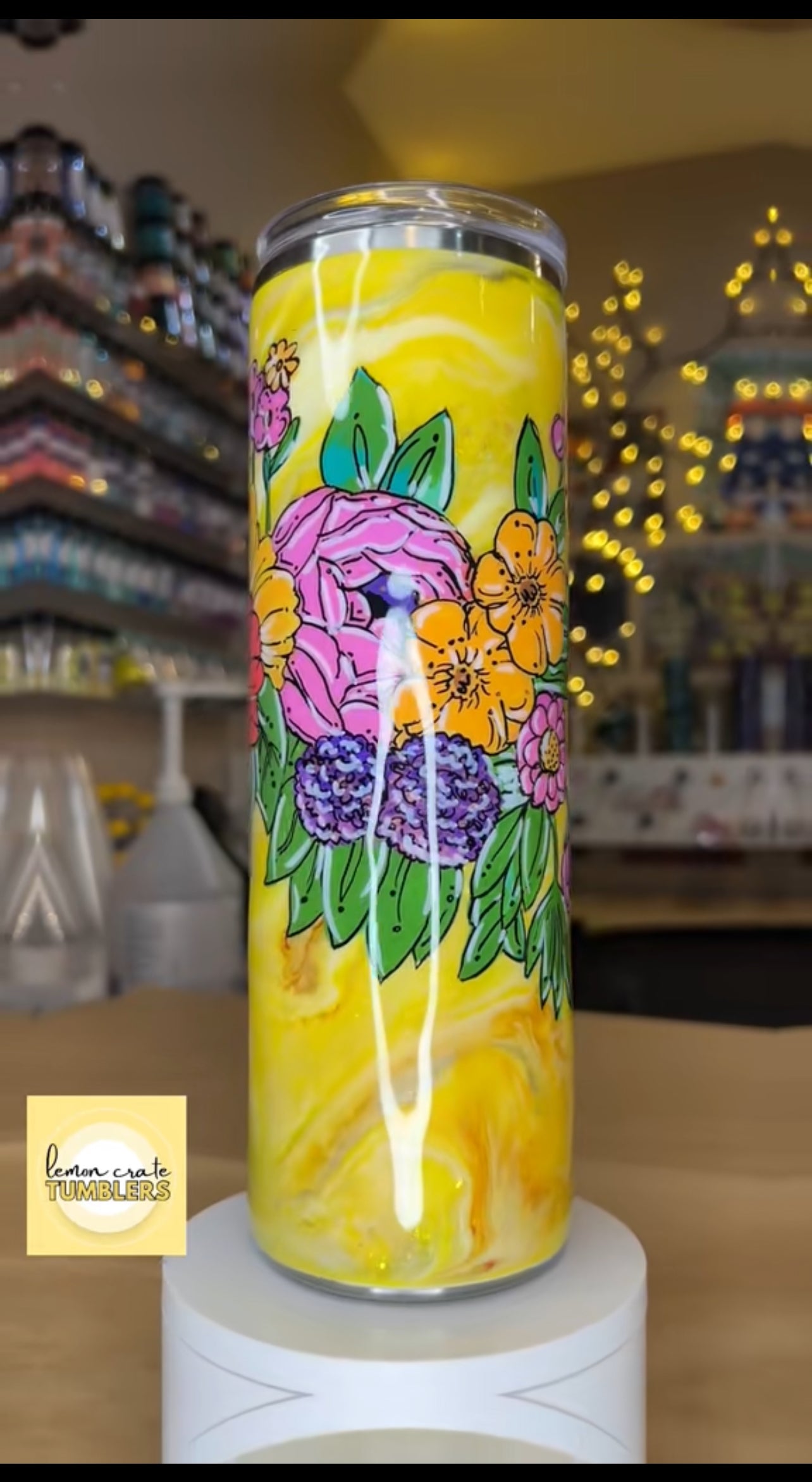30 oz. Hogg Skinny Tumbler -  Hand-Painted Flowers on Yellow Mashup