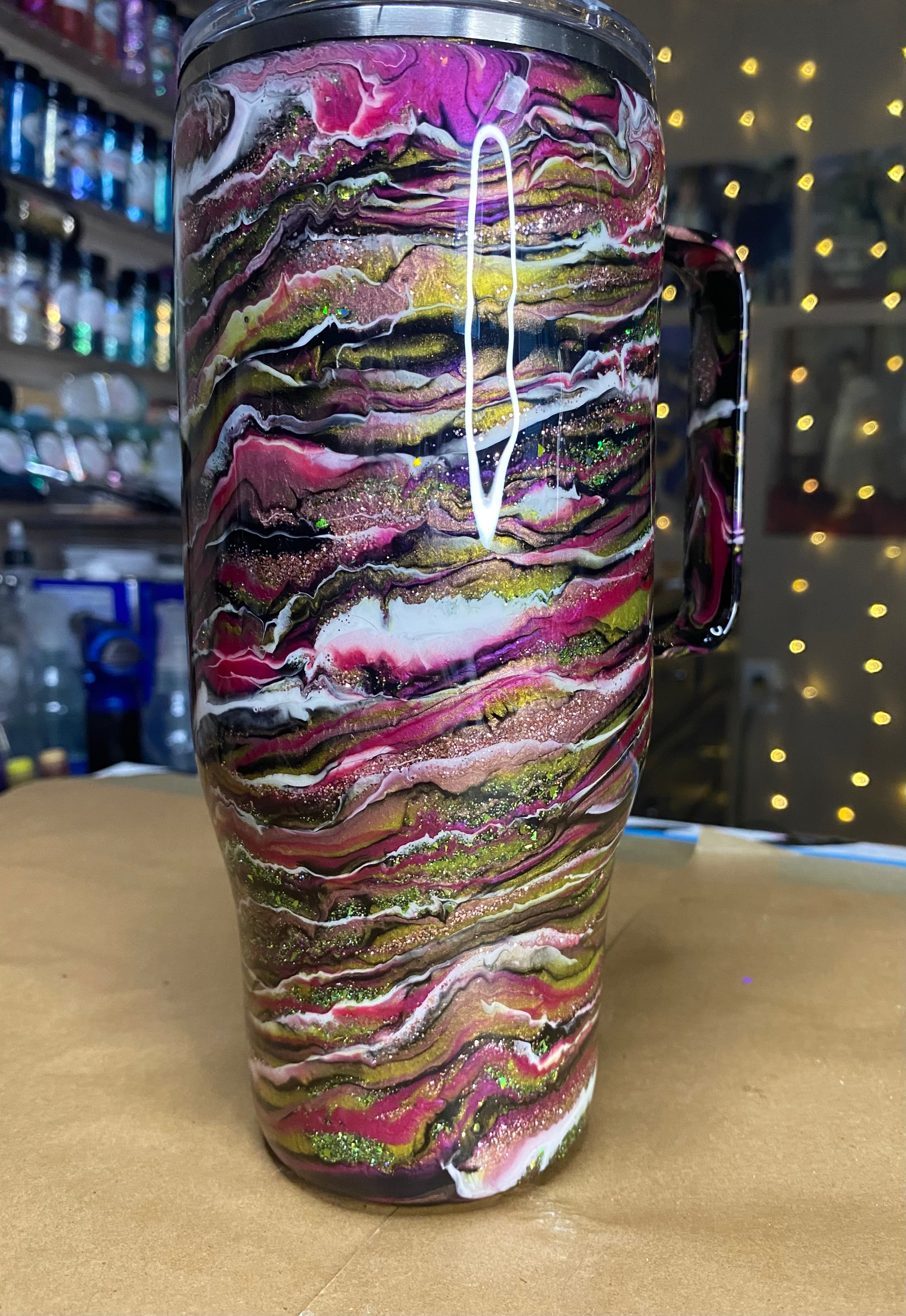 24 oz. Modern Curve Handled Tumber - Pink/Green Glitter PGS Blurred Lines