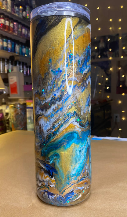 30 oz. Straight Skinny Tumbler -  Yellow & Teal PGS Blurred Lines/Ink Swirl