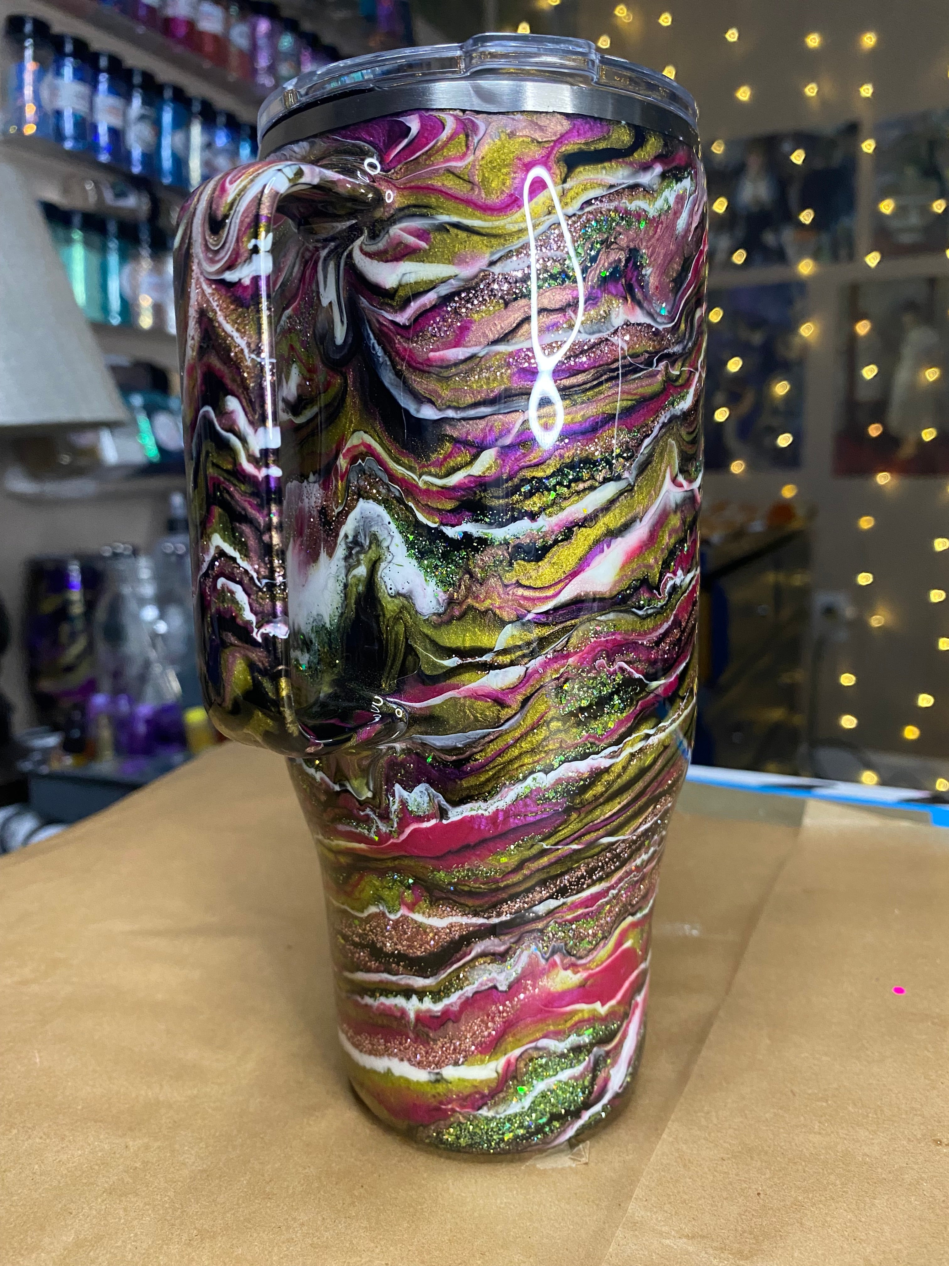 24 oz. Modern Curve Handled Tumber - Pink/Green Glitter PGS Blurred Lines