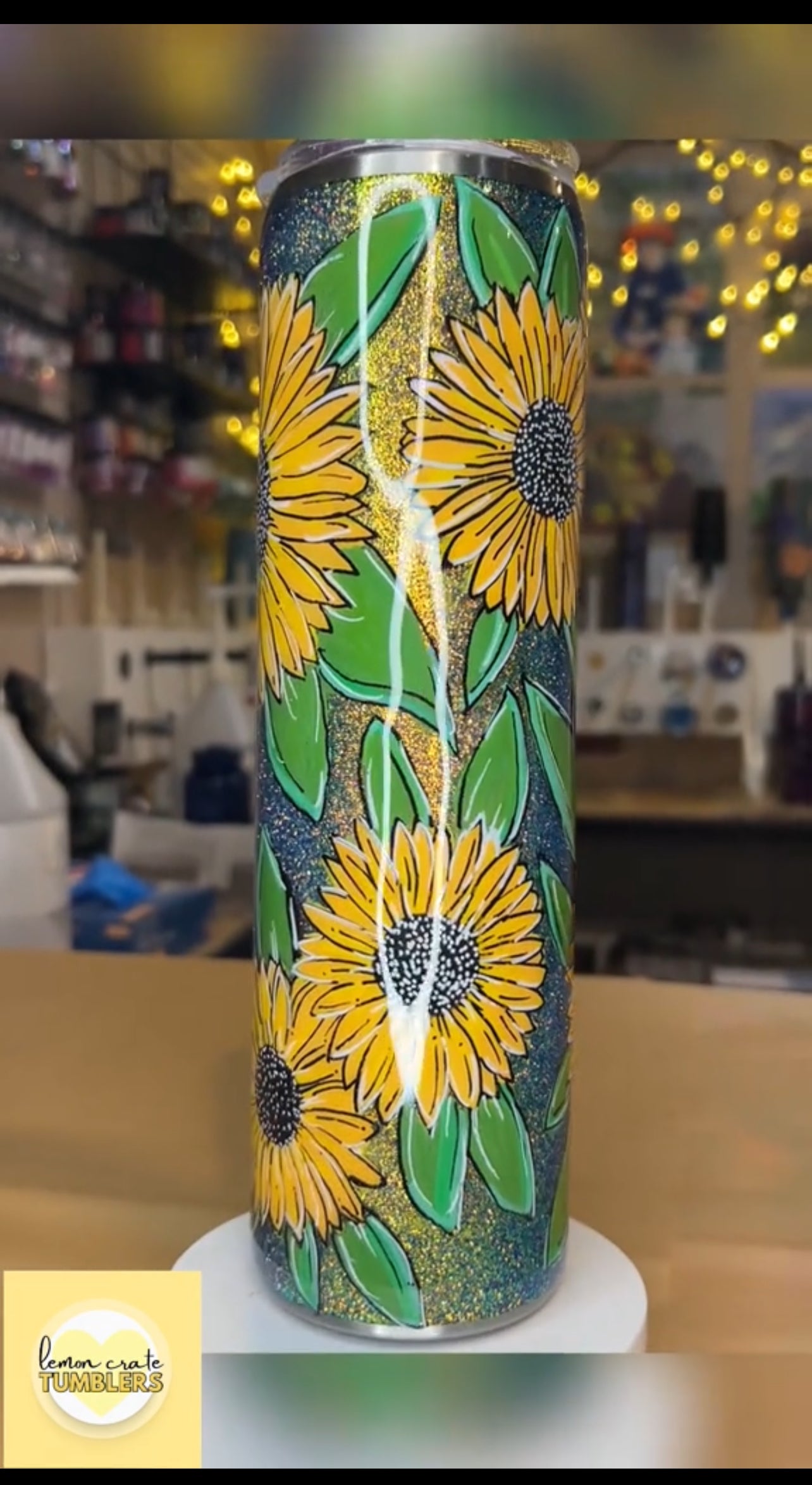 32 oz. Tipsy Magnolia Plump -  Hand-Painted Sunflowers on Glitter Base
