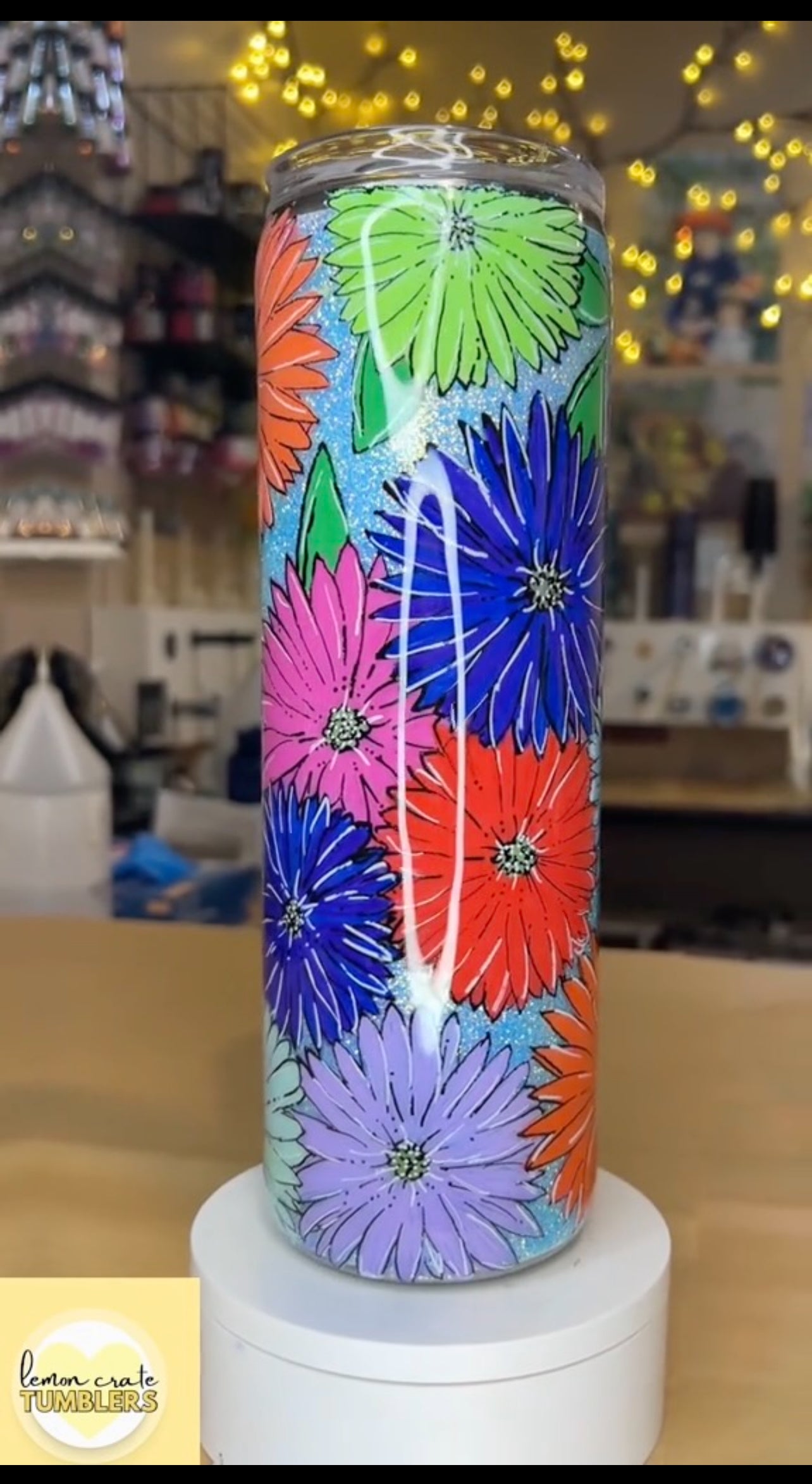 30 oz. Hogg Skinny Tumbler -  Hand-Painted Flowers on Glitter Base