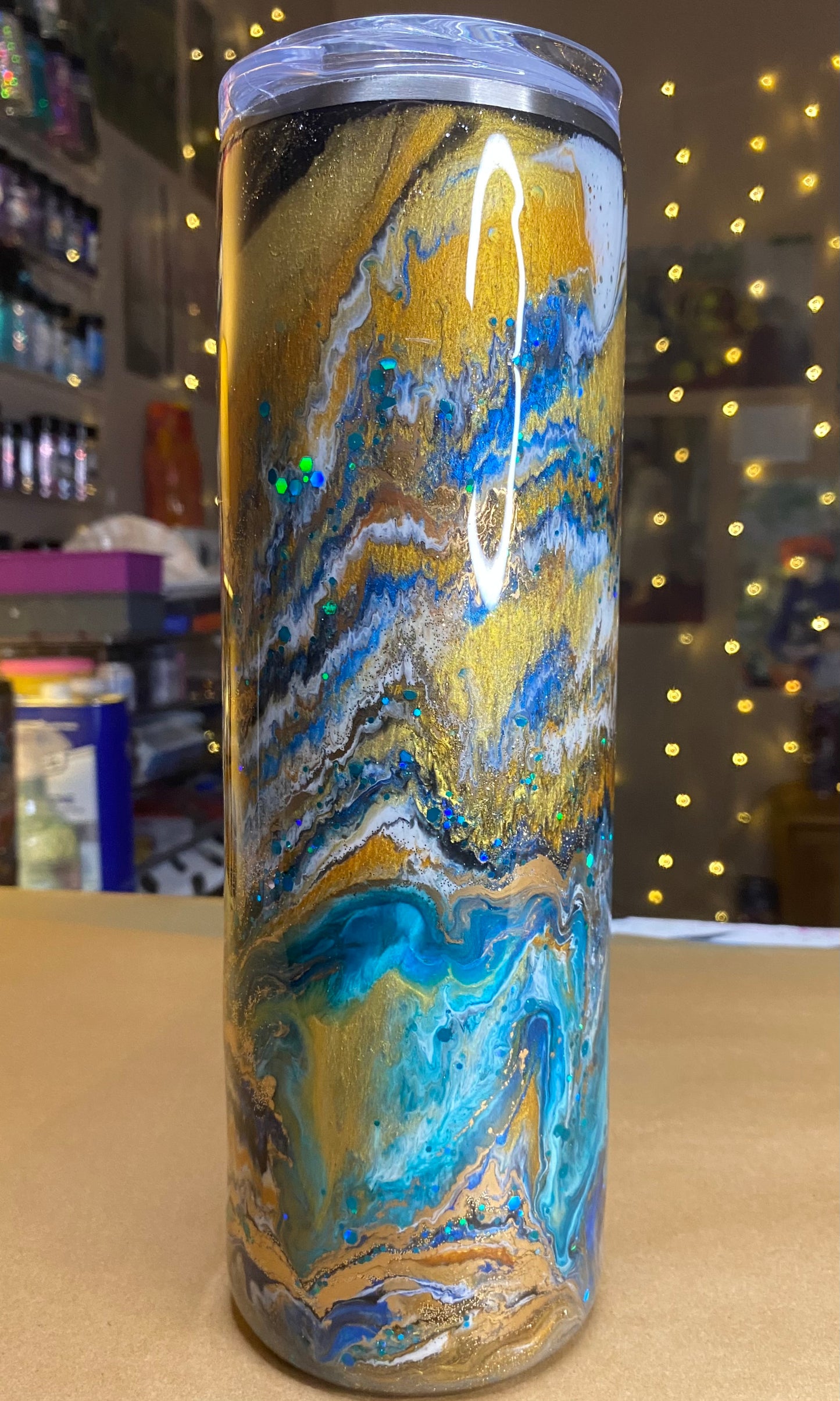 30 oz. Straight Skinny Tumbler -  Yellow & Teal PGS Blurred Lines/Ink Swirl