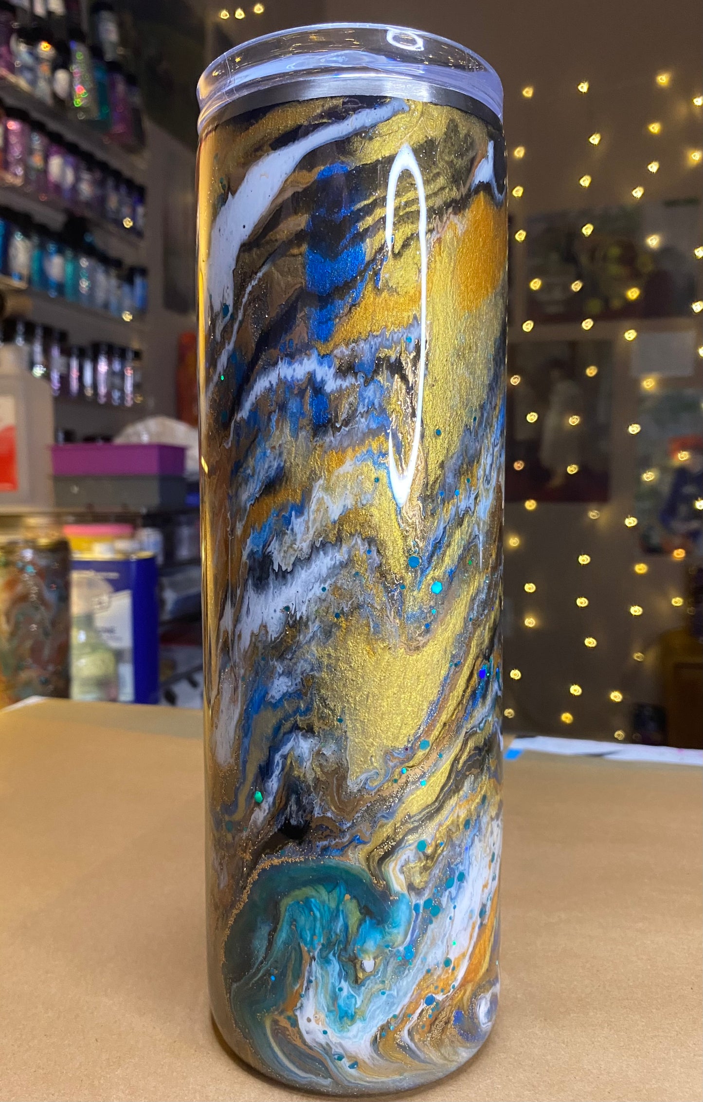 30 oz. Straight Skinny Tumbler -  Yellow & Teal PGS Blurred Lines/Ink Swirl