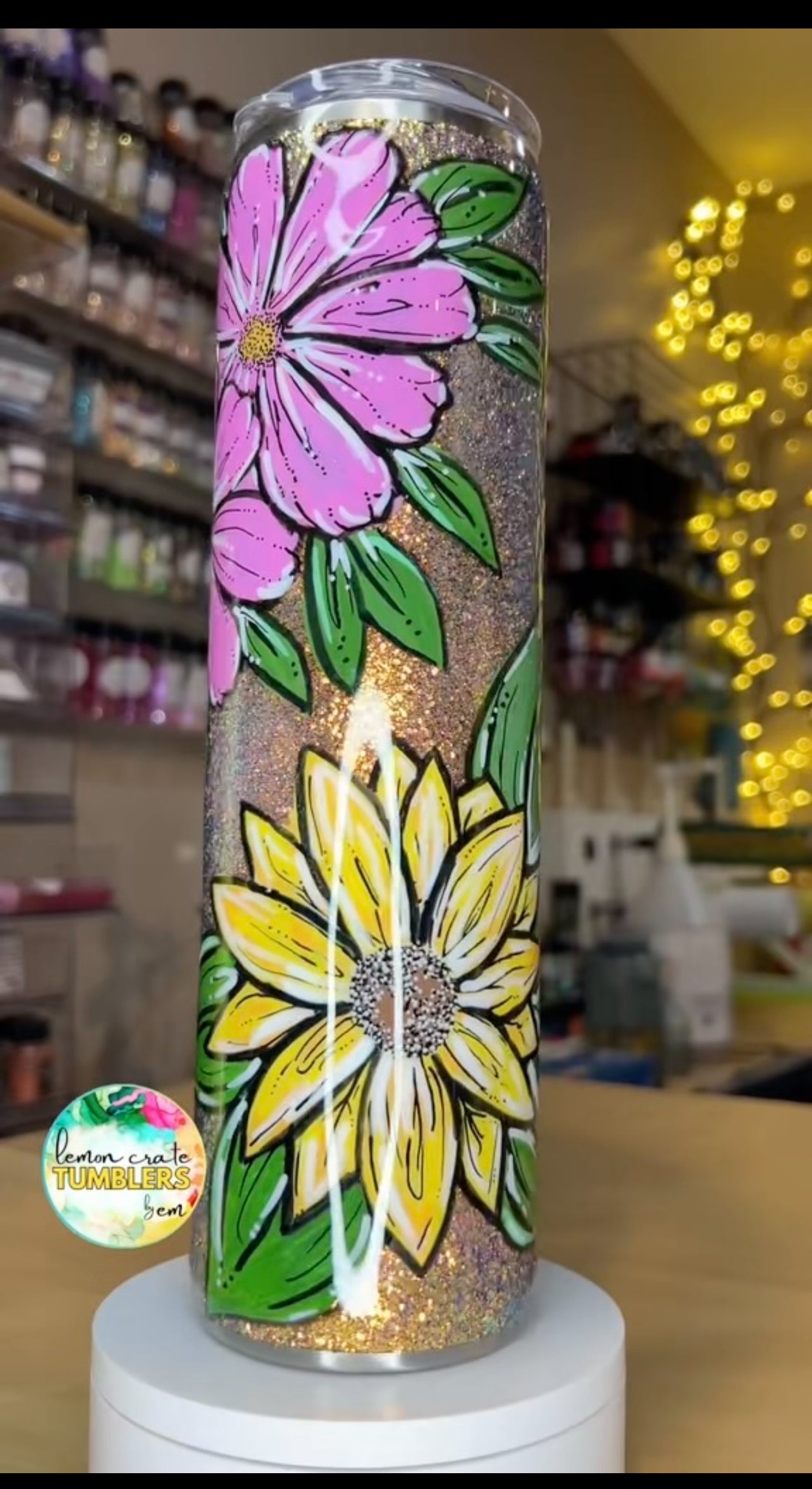 32 oz. Tipsy Magnolia Plump -  Hand-Painted Flowers on Glitter Base