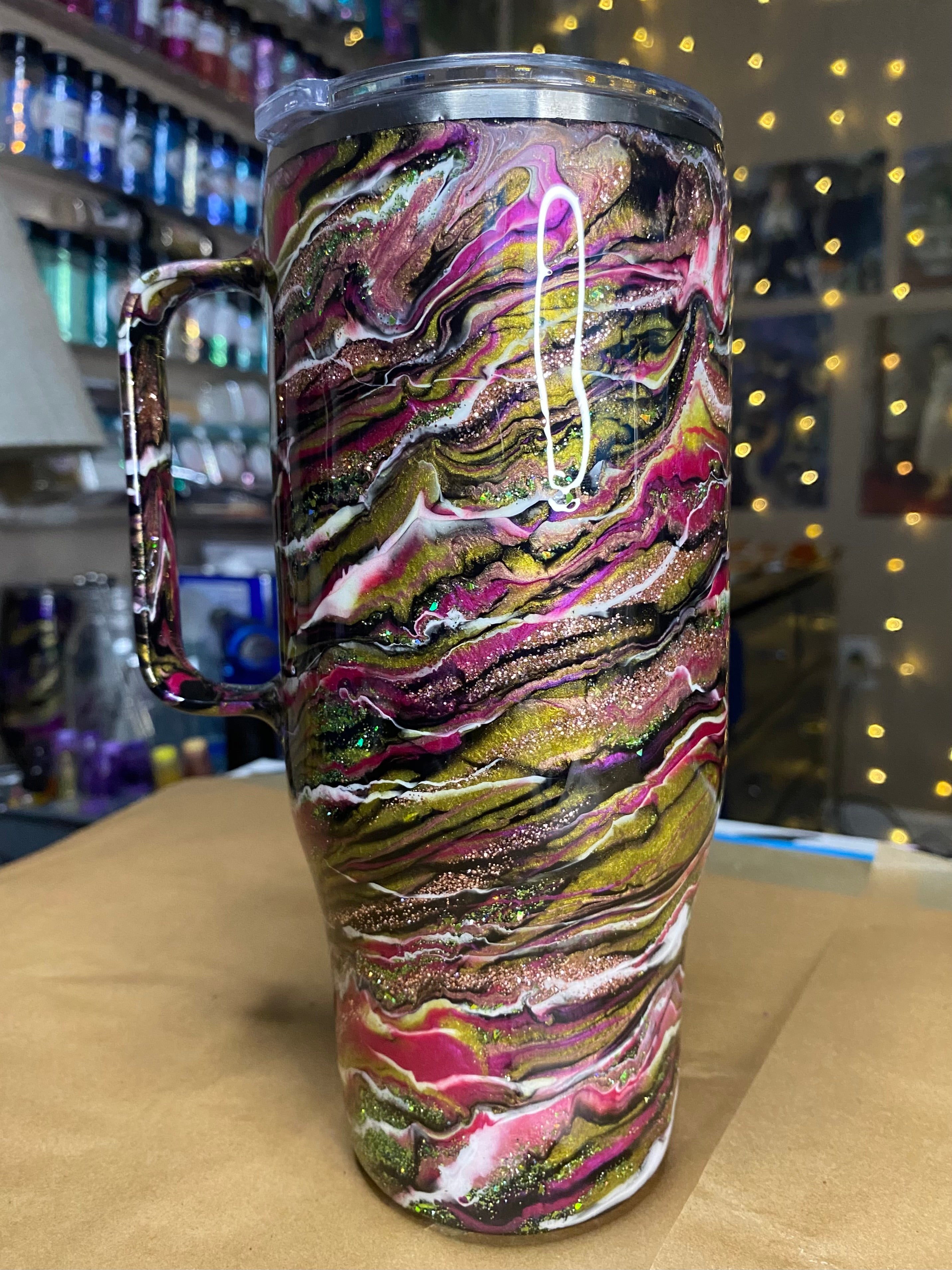 24 oz. Modern Curve Handled Tumber - Pink/Green Glitter PGS Blurred Lines