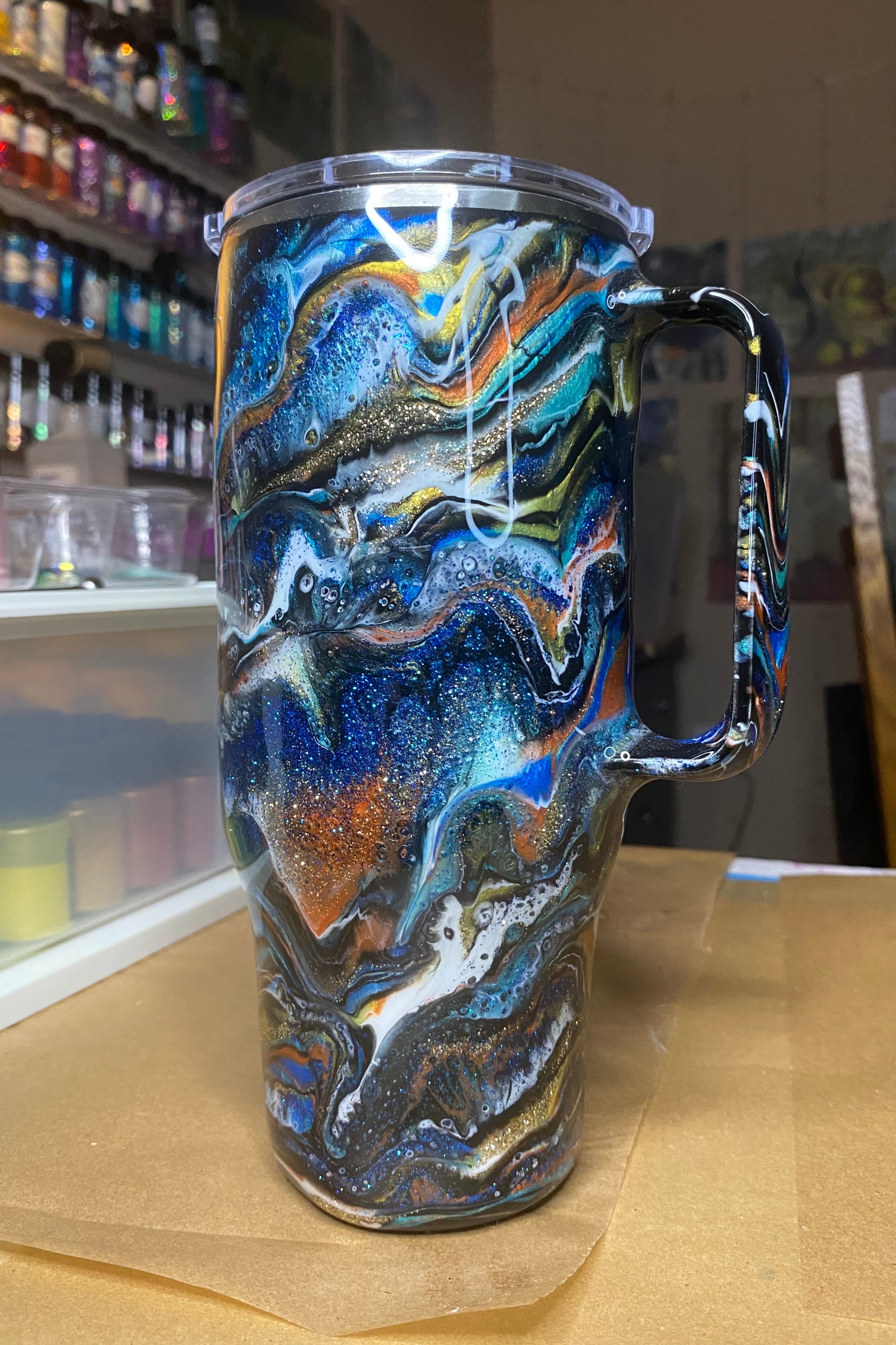 24 oz. Modern Curve Handled Tumber - Blue/Orange Distressed/Multi PGS Blurred Lines