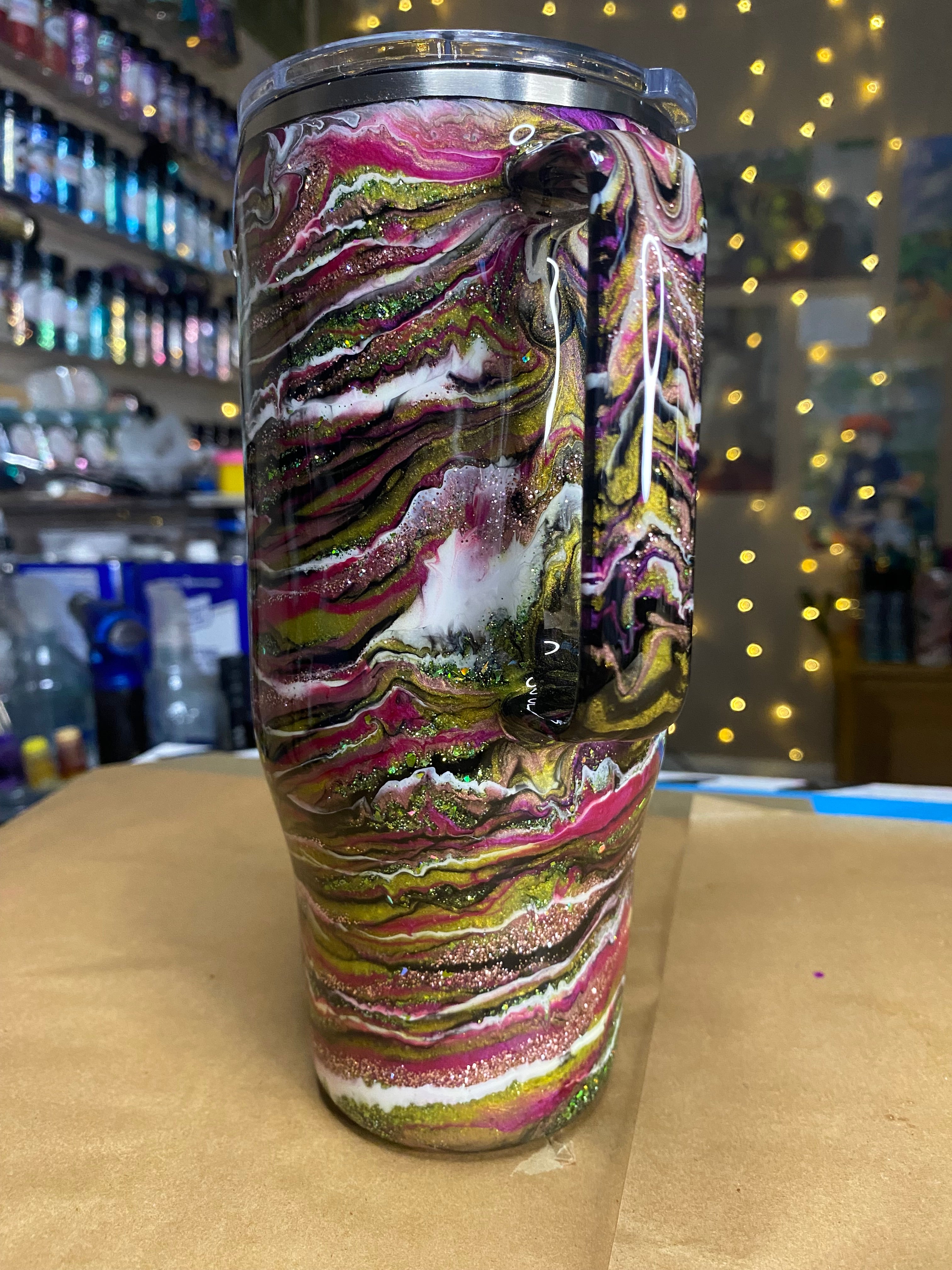 24 oz. Modern Curve Handled Tumber - Pink/Green Glitter PGS Blurred Lines