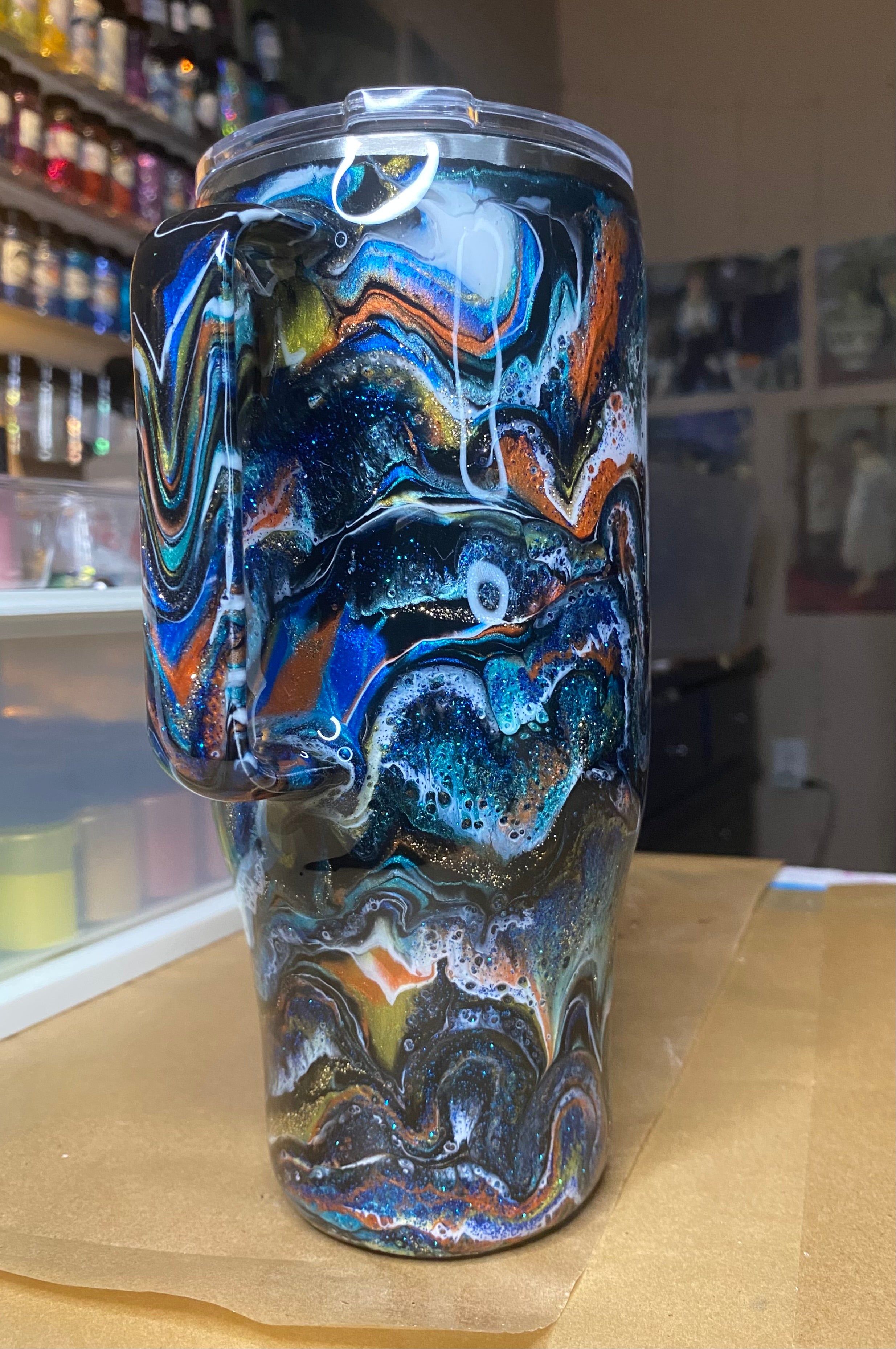 24 oz. Modern Curve Handled Tumber - Blue/Orange Distressed/Multi PGS Blurred Lines