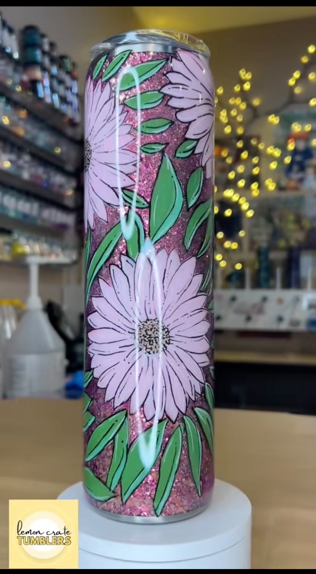 32 oz. Tipsy Magnolia Plump -  Hand-Painted Pink Flowers on Glitter Base
