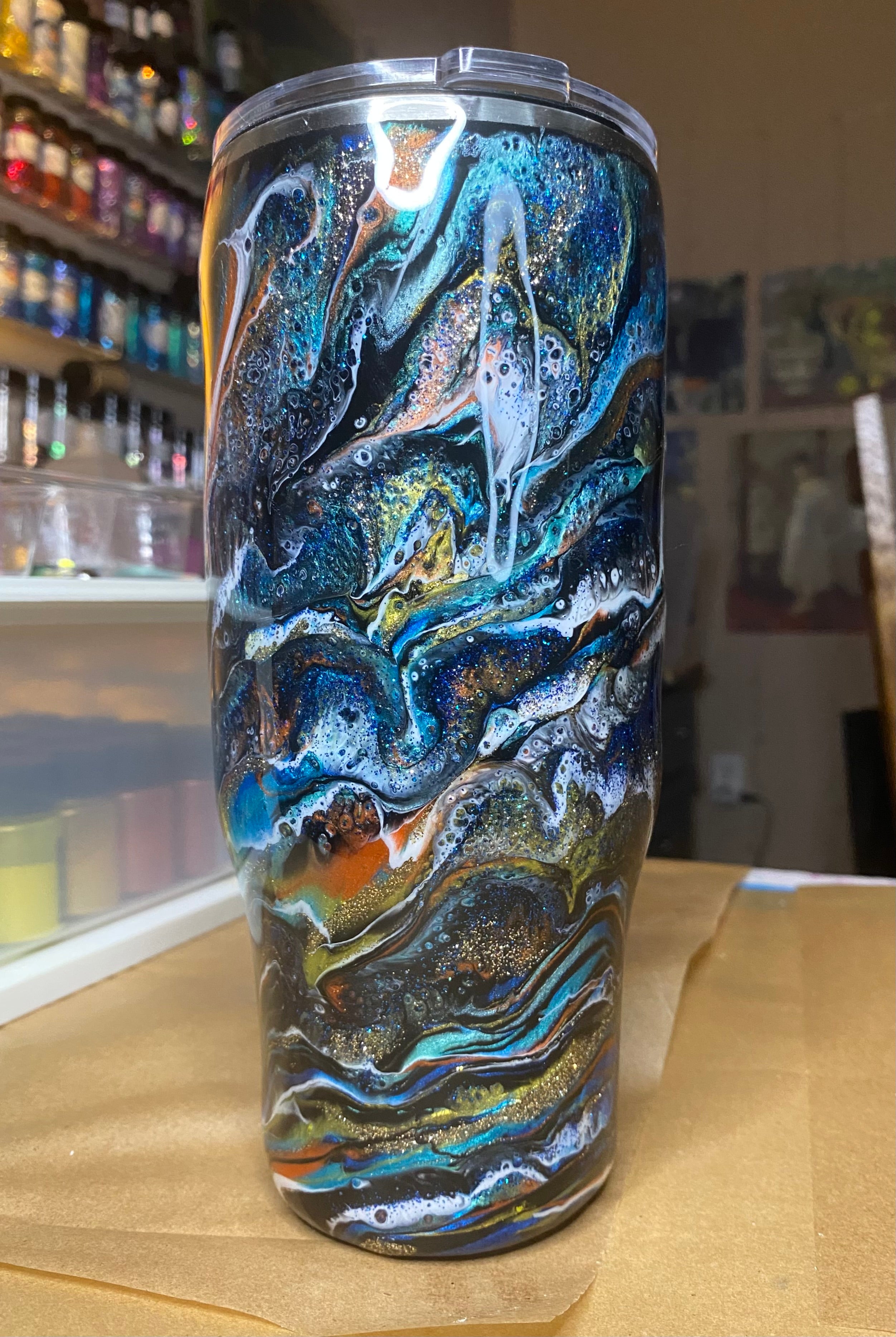 24 oz. Modern Curve Handled Tumber - Blue/Orange Distressed/Multi PGS Blurred Lines