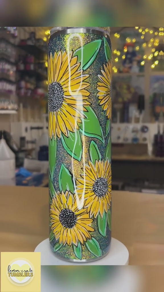 32 oz. Tipsy Magnolia Plump -  Hand-Painted Sunflowers on Glitter Base
