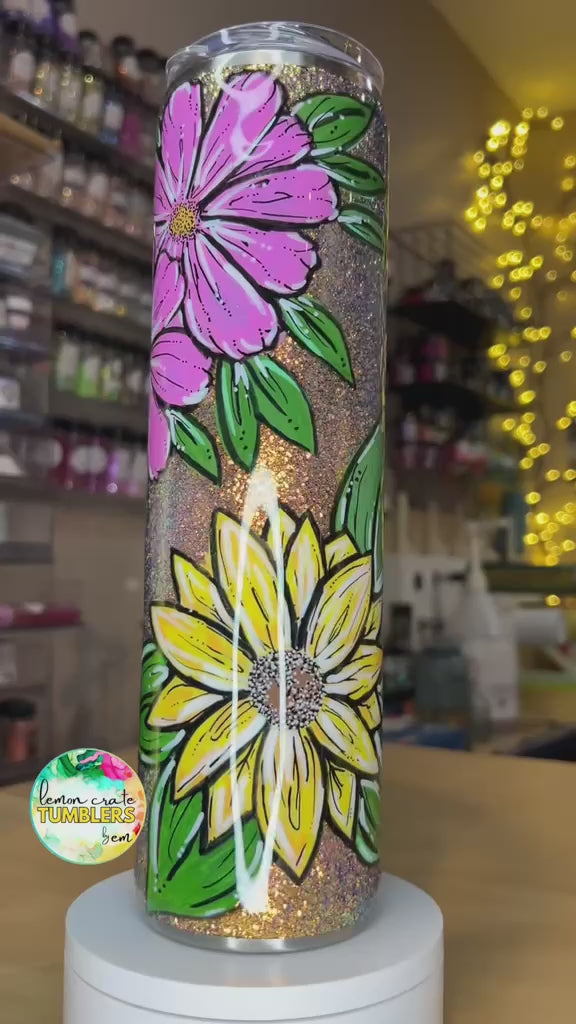 32 oz. Tipsy Magnolia Plump -  Hand-Painted Flowers on Glitter Base