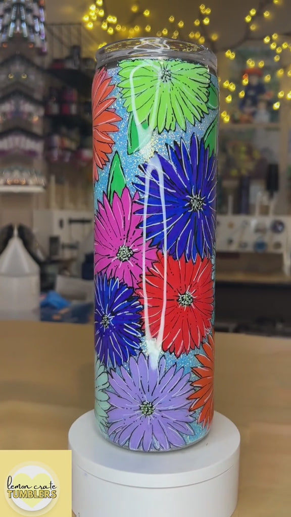 30 oz. Hogg Skinny Tumbler -  Hand-Painted Flowers on Glitter Base