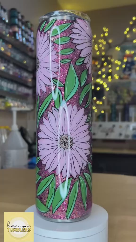 32 oz. Tipsy Magnolia Plump -  Hand-Painted Pink Flowers on Glitter Base