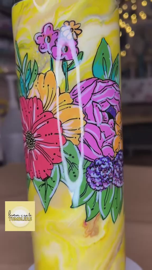 30 oz. Hogg Skinny Tumbler -  Hand-Painted Flowers on Yellow Mashup